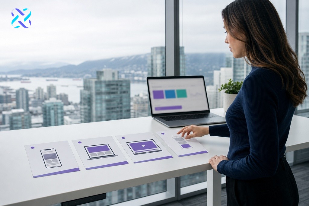 Marketer comparing Google Ads campaign types at a modern Vancouver office desk with campaign brief cards