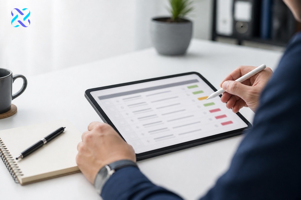 Digital marketer reviewing Google Ads pre-launch checklist on tablet before campaign spend