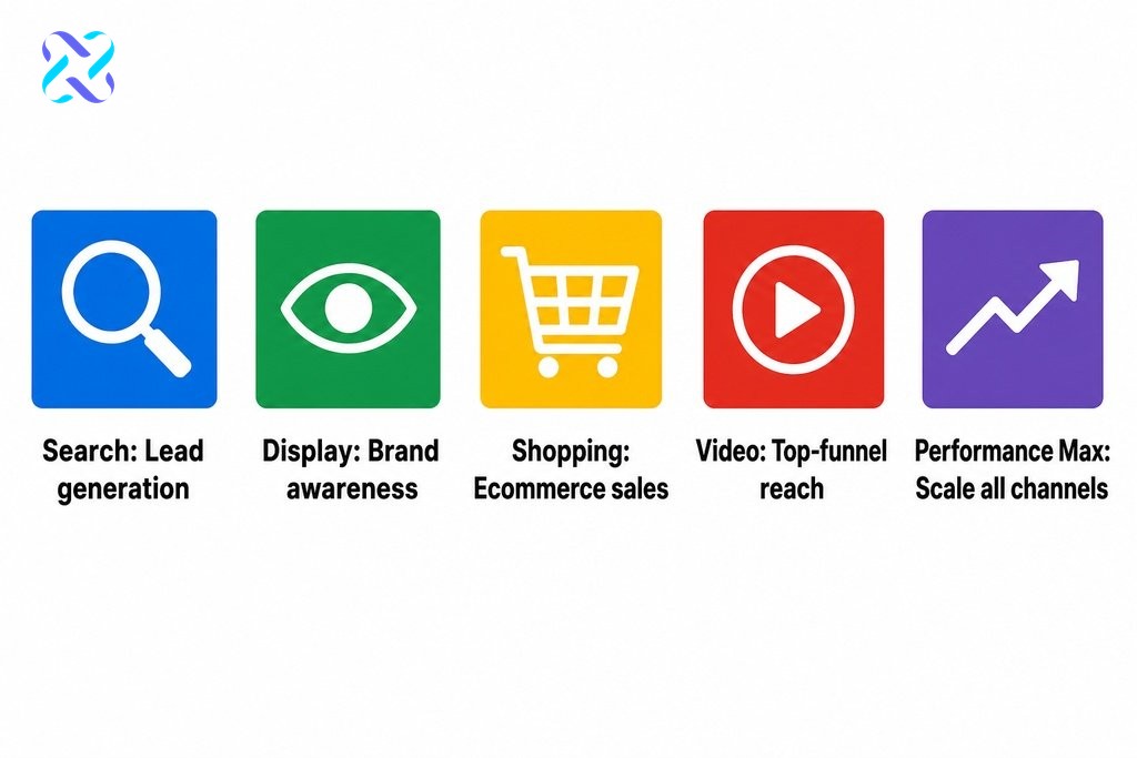 Five Google Ads campaign types compared by use case: Search, Display, Shopping, Video, and Performance Max.