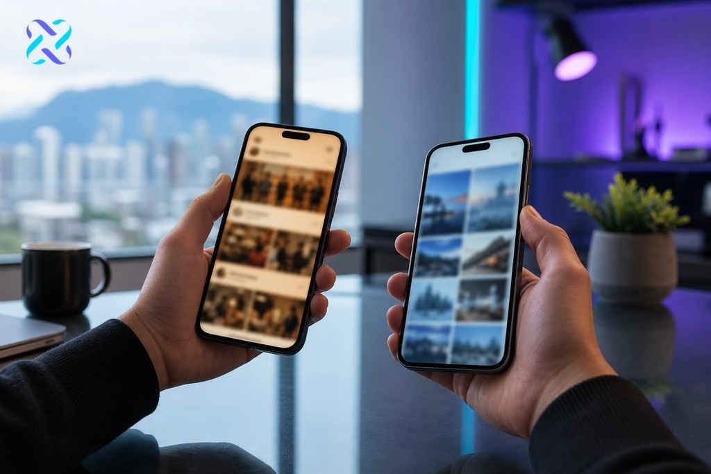 Two smartphones side by side comparing Facebook community feed vs Instagram discovery feed for business revenue strategy