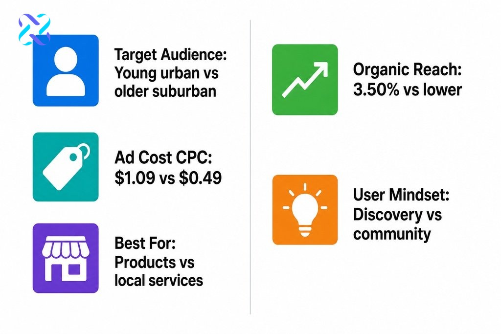 Infographic comparing Instagram vs Facebook for business across audience, organic reach, ad cost, and best use cases.
