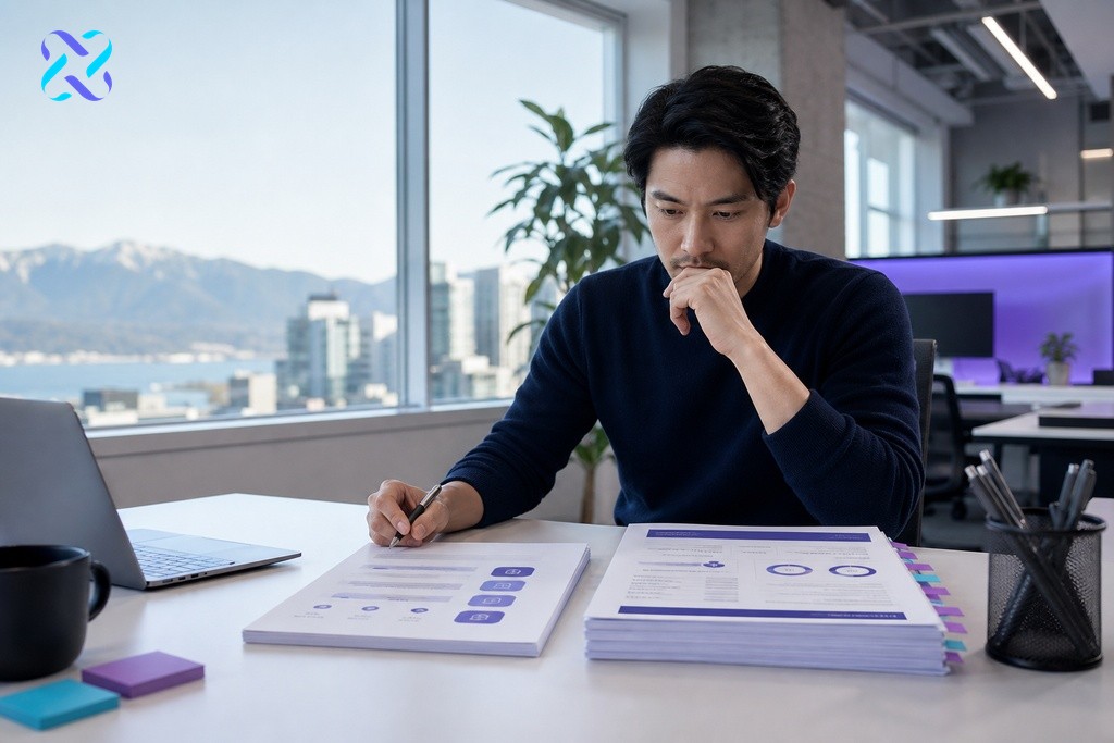 Marketing professional comparing two SEO package proposals side by side on a modern office desk