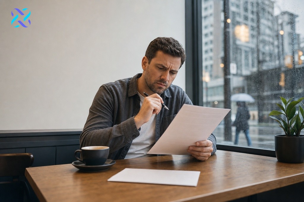 Business owner carefully scrutinising an SEO agency contract at a Vancouver café, pen paused in hesitation