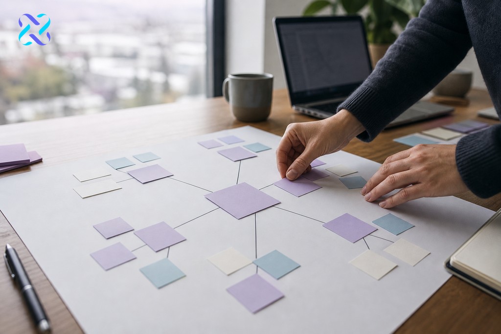 Hands arranging a hub-and-spoke content map with cards on a desk, illustrating topic cluster structure