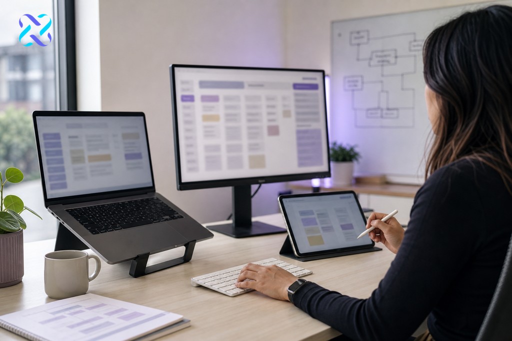 SEO strategist working across dual screens on a topic cluster content audit and internal linking workflow