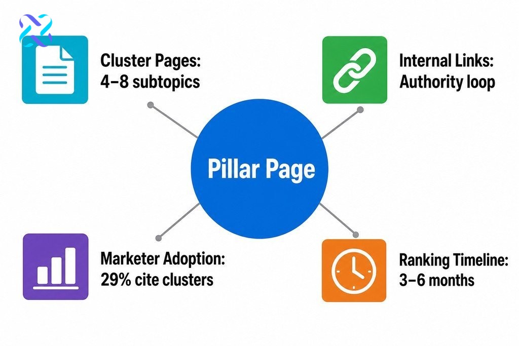 Infographic showing how a topic cluster strategy builds topical authority through a pillar page, cluster pages, internal link